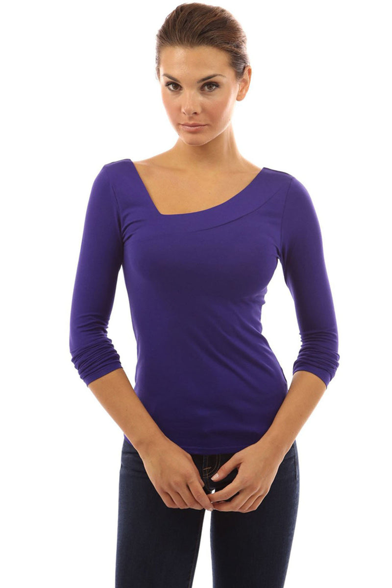 Pure Color Tilted V-neck Long Sleeves Slim T-shirt – May Your Fashion