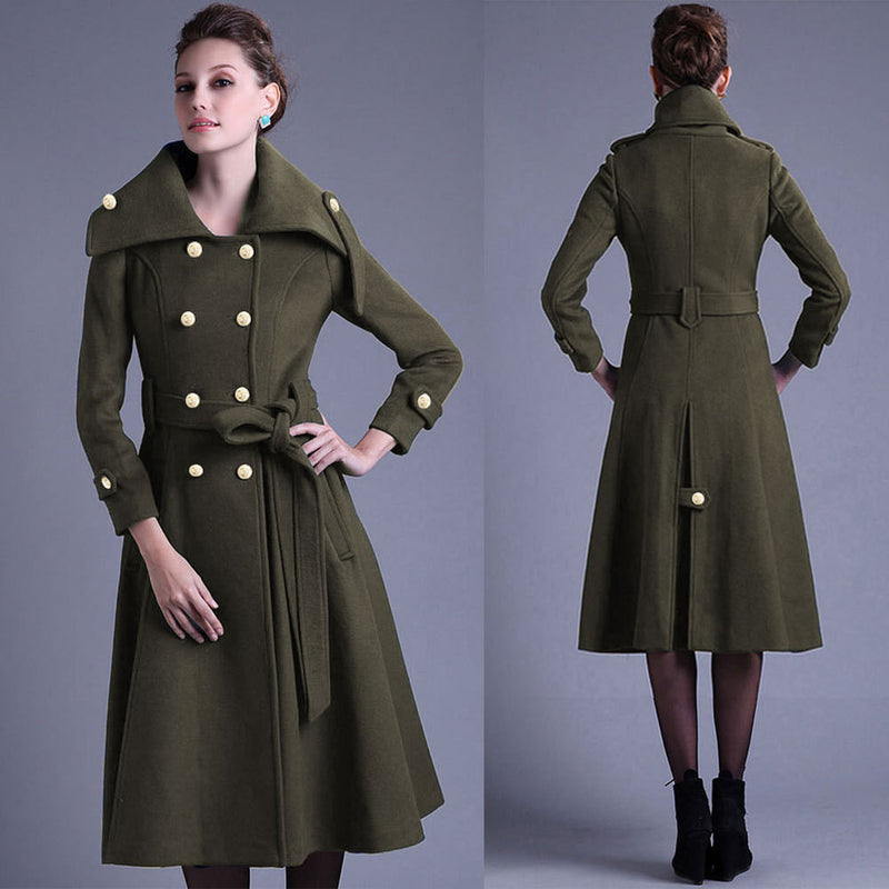 Stand Collar Button Belt Pleated Long Coat – May Your Fashion