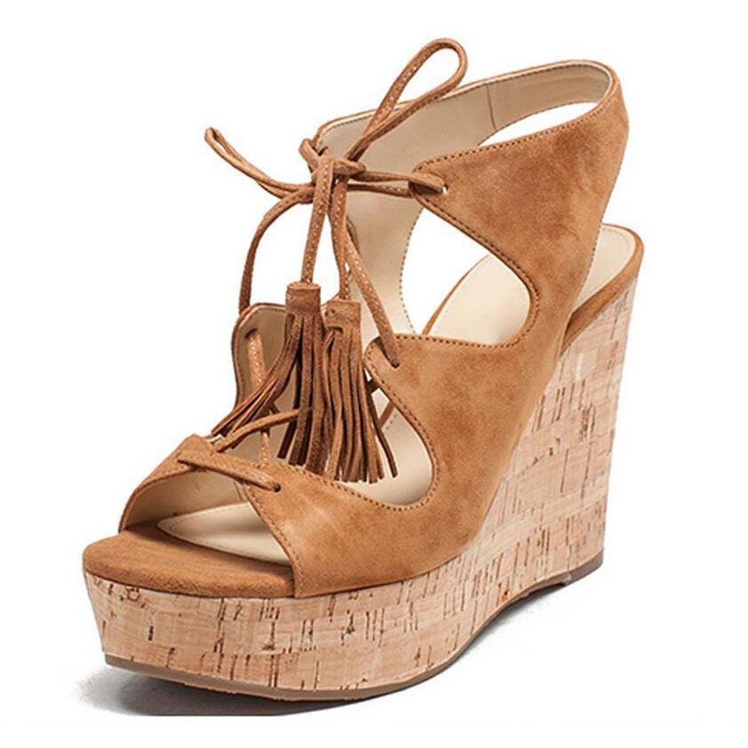 Tassels Suede Lace-up Open Toe Platform Wedge Sandals – May Your Fashion