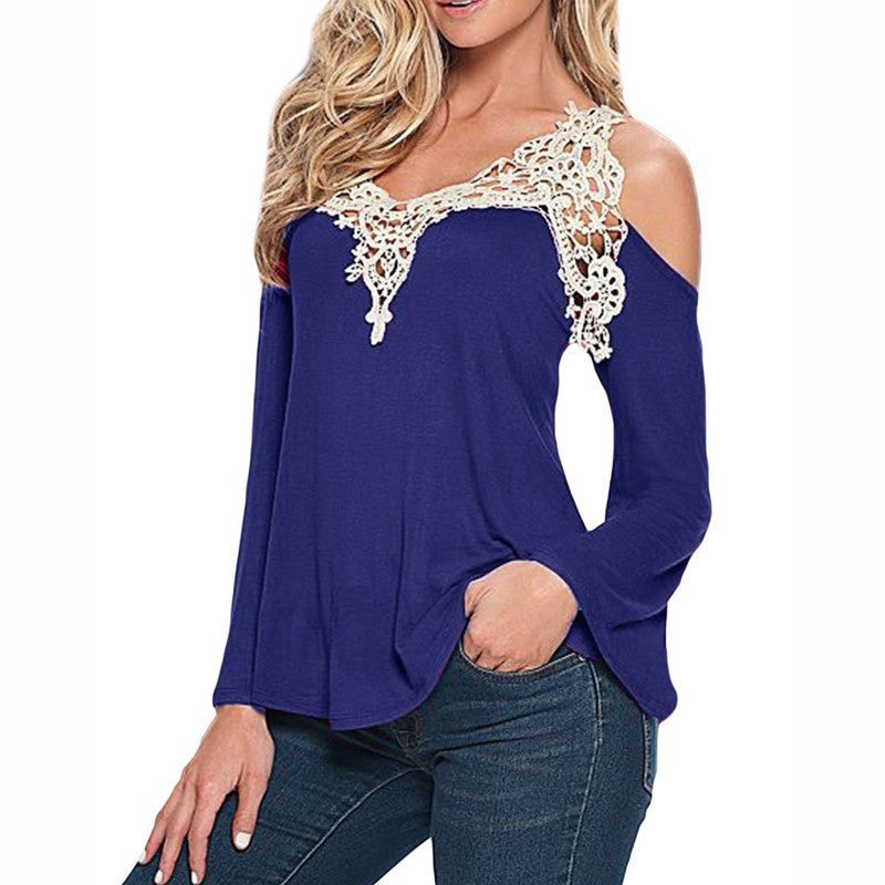 Sexy V-neck Long Sleeves Lace Patchwork Off-shoulder Blouse – May Your ...