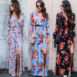 Floral Print Wrap Style Long Split Dress – May Your Fashion