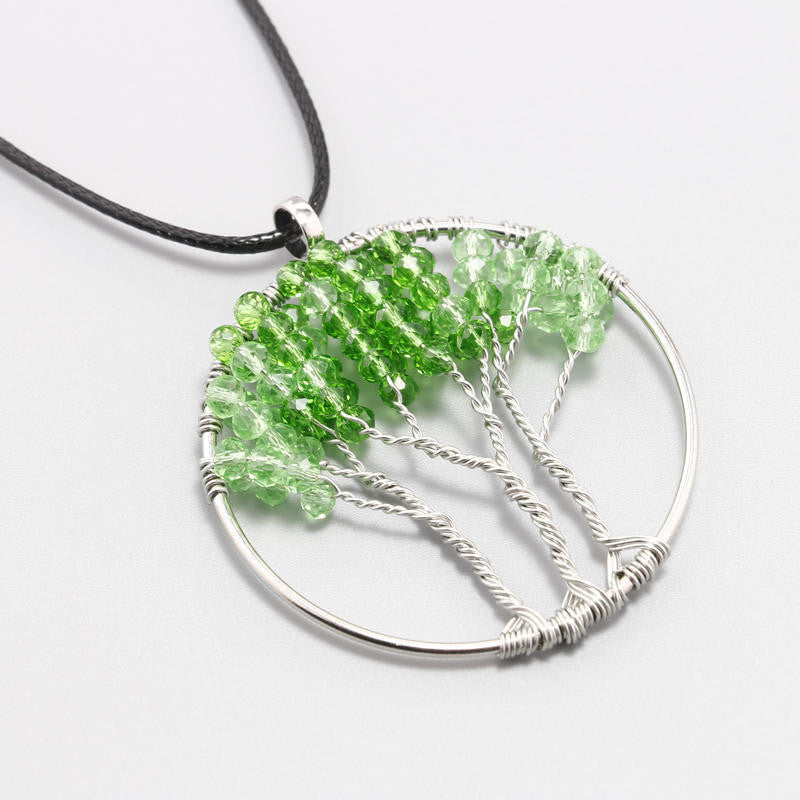 Green Crystal Tree of Life DIY Leather Chain Gravel Pendant Necklace ...