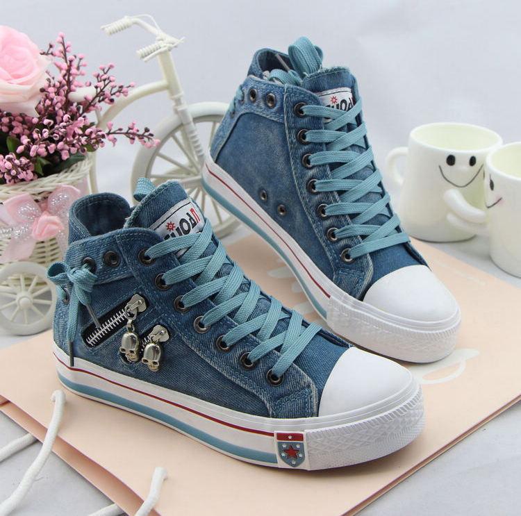 Unique Denim Skull Lace Up High Sneakers Shoes – May Your Fashion