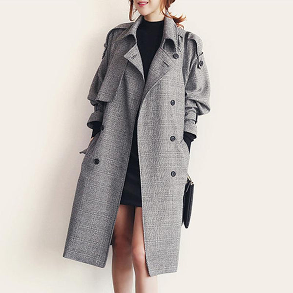 Plaid Double Breast Oversized Slim Long Coat with Belt on – May Your ...