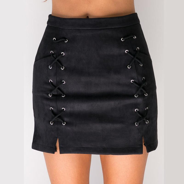 Suede Lace Up Pure Color Split Short Skirt – May Your Fashion