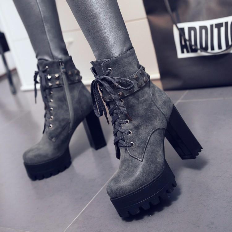 Platform Round Toe Lace Up Rivets High Chunky Heels Short Boots – May ...