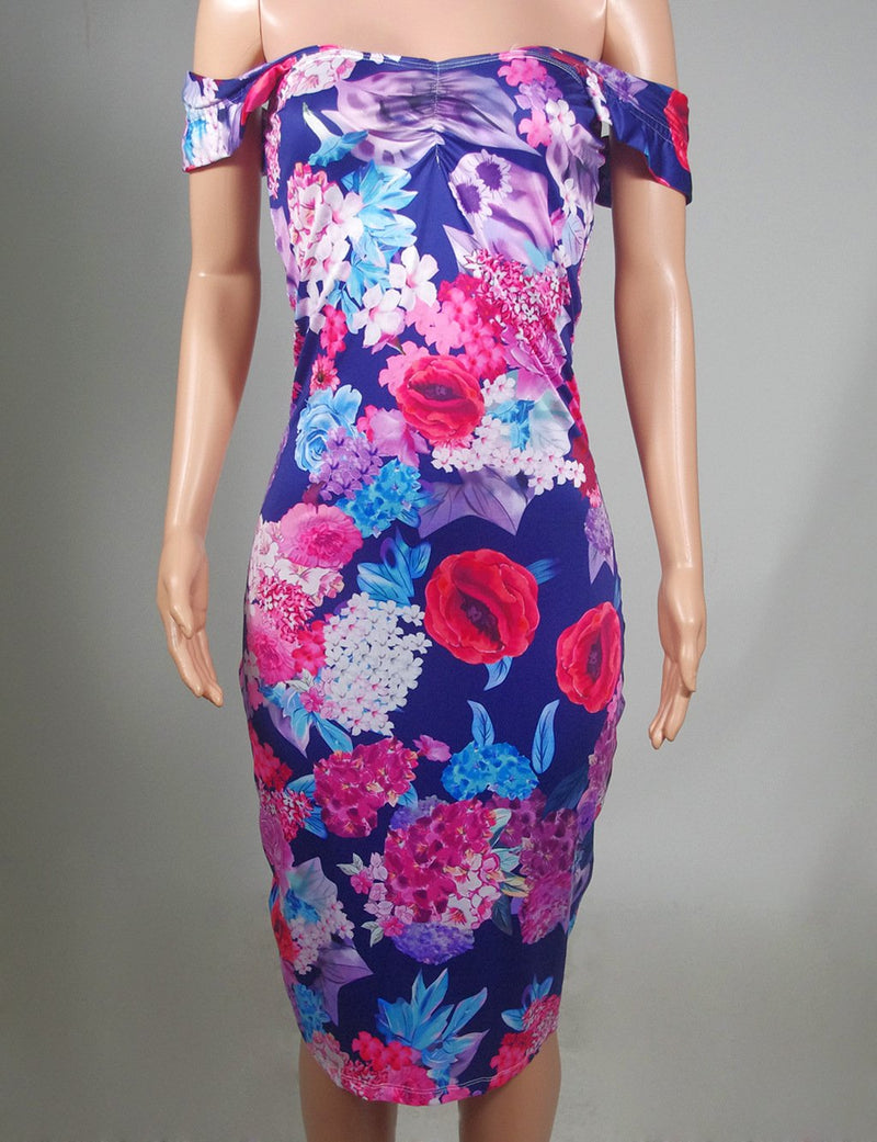 Flower Print Short Sleeves Off Shoulder Knee-length Slim Dress – May ...