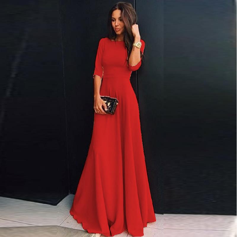 Slim Pure Color 3/4 Sleeves Pleated Long Maxi Dress – May Your Fashion