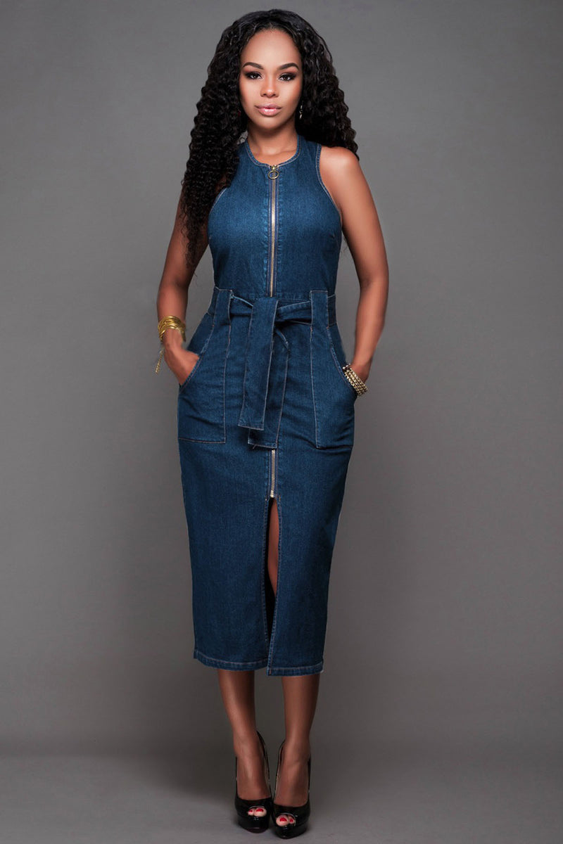 Sleeveless Scoop Neck Skinny Denim Tee-length Dress – May Your Fashion