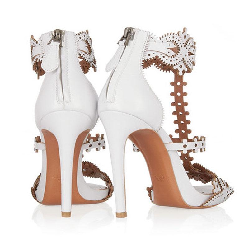 Sexy White Cutout Leather Open Toe High Heel Sandals