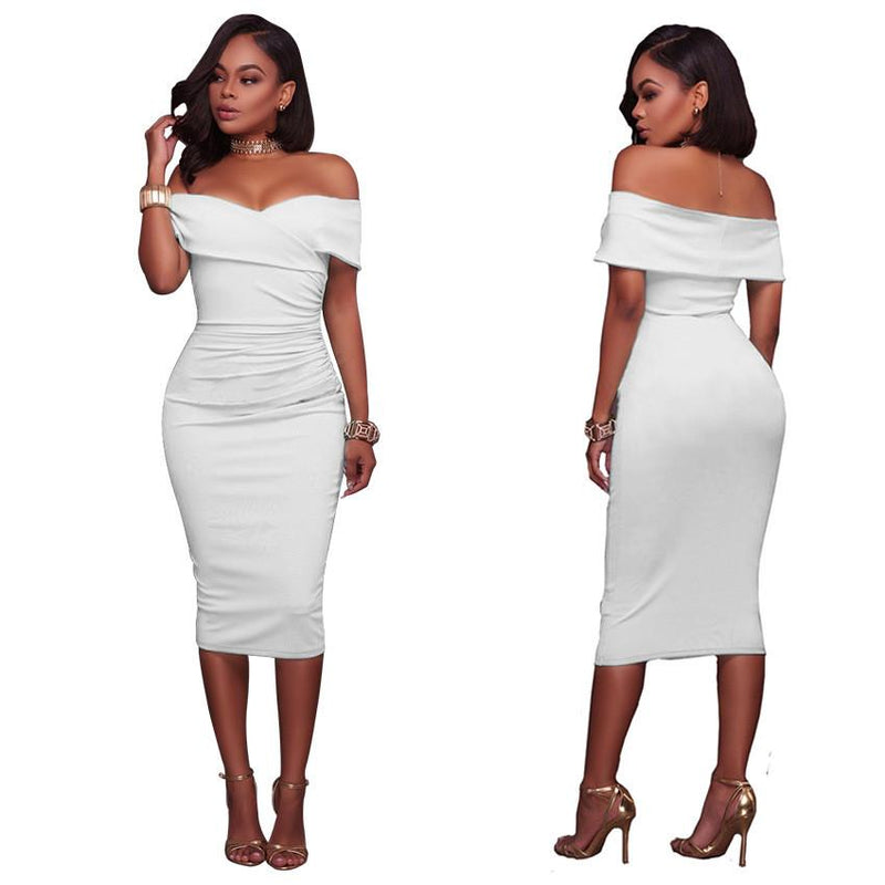 Off Shoulder Short Sleeves Pure Color Bodycon Knee-length Dress – May ...