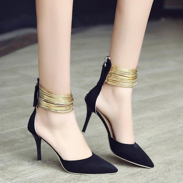 Pointed Toe Shinning Ankle Wraps Low Cut Stiletto Heels Party Shoes ...