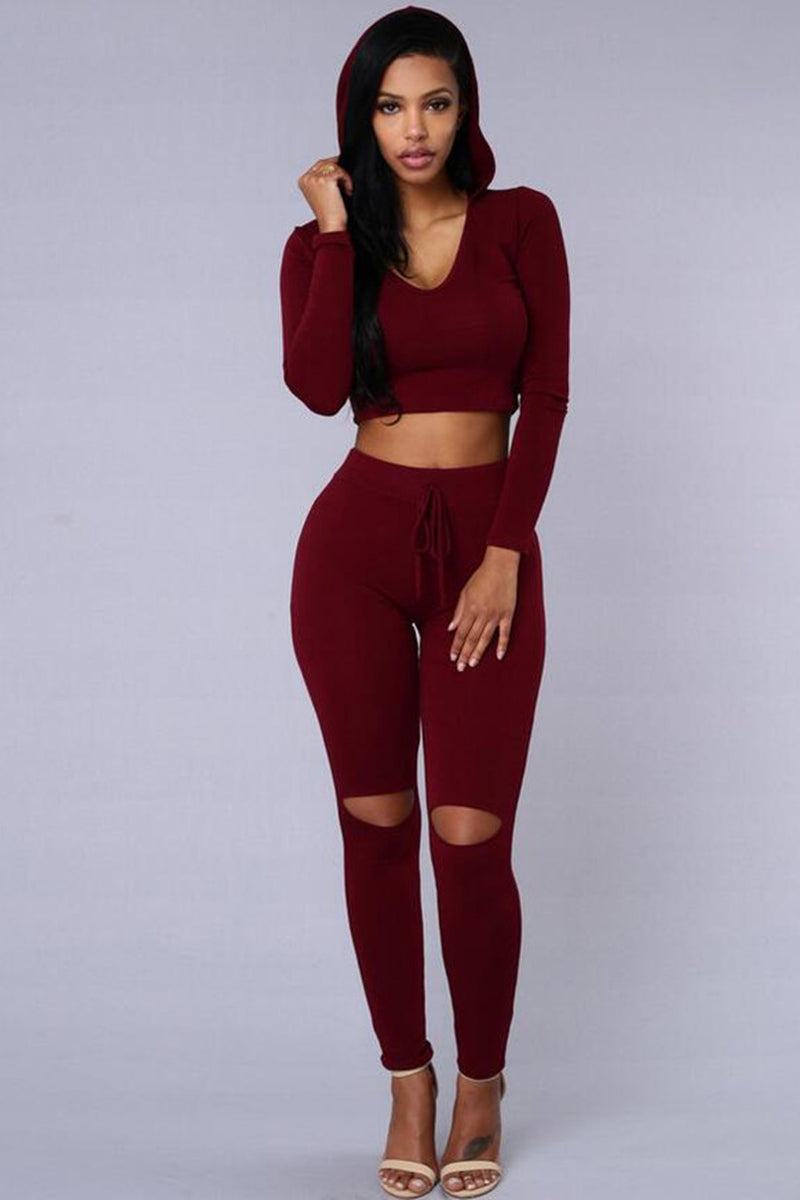 Pure Color Hole Hat Crop Top with Skinny Pants Two Pieces Set – May ...