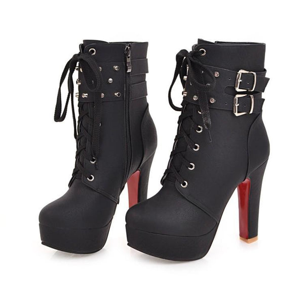 Motorcycle Lace UP Hasp Platform Stiletto High Heels Short Boots – May ...