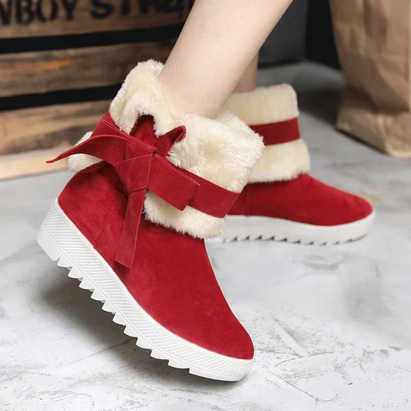Scrub Pure color Bow Tie Slope Heel Round Toe Short Snow Boots – May ...