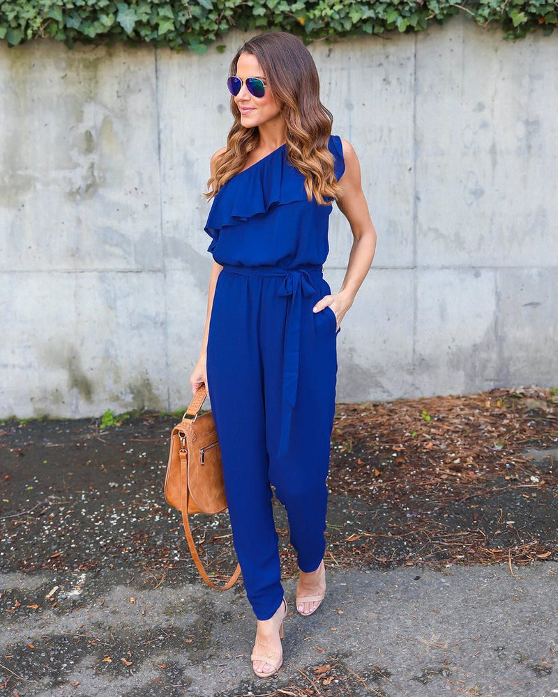 One Shoulder Ruffled Chiffon Jumpsuit – May Your Fashion