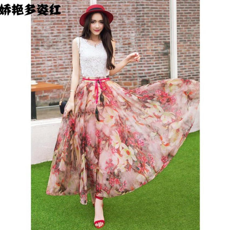 Bohemian Flower Print Chiffon Long Pleated Beach Skirt – May Your Fashion