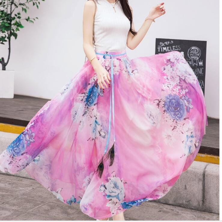 Bohemian Flower Print Chiffon Long Pleated Beach Skirt – May Your Fashion