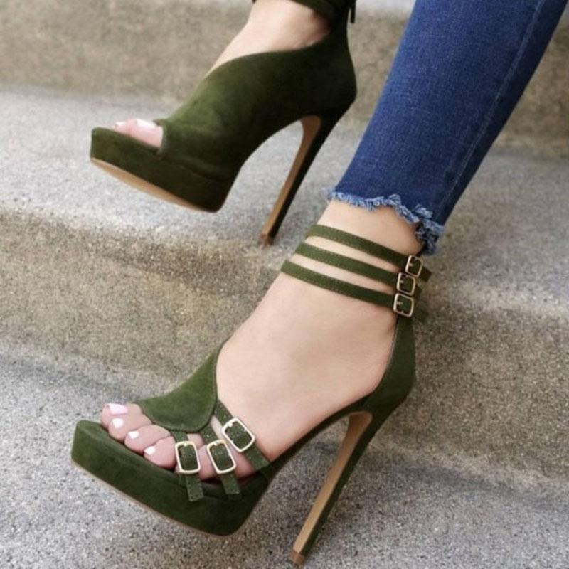 Suede Buckle Platform Open Toe High Heel Sandals