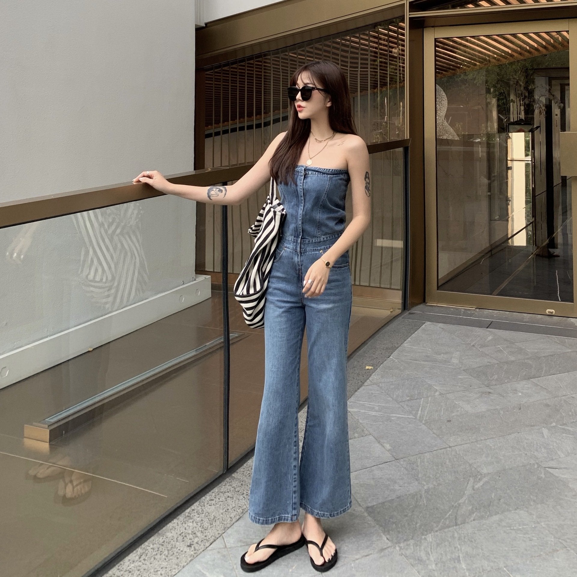 Pure Color Strapless Sleeveless Long Denim Jumpsuit – May Your Fashion