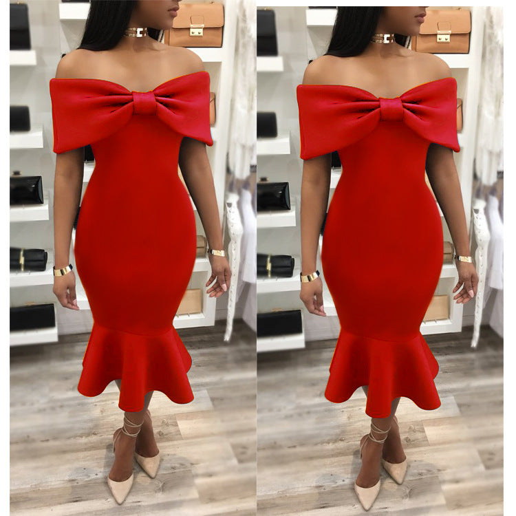 Big Bowknot Off Shoulder Short Sleeves Mermaid Tee-length Dress – May ...