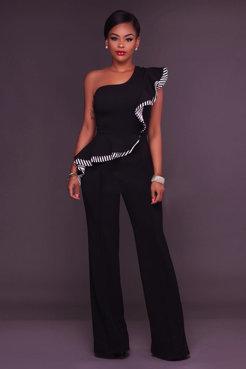 Pure Color One Shoulder Ruffles Wide-legs Long Jumpsuit – May Your Fashion
