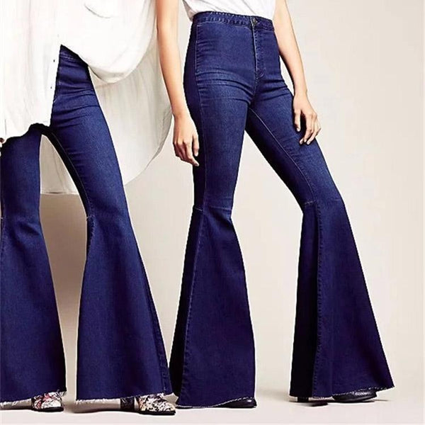 High Waist Pure Color Slim Zipper Big Bell-bottomed Long Jeans Denim P ...