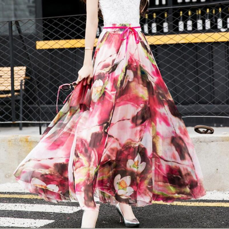 Bohemian Flower Print Chiffon Long Pleated Beach Skirt – May Your Fashion