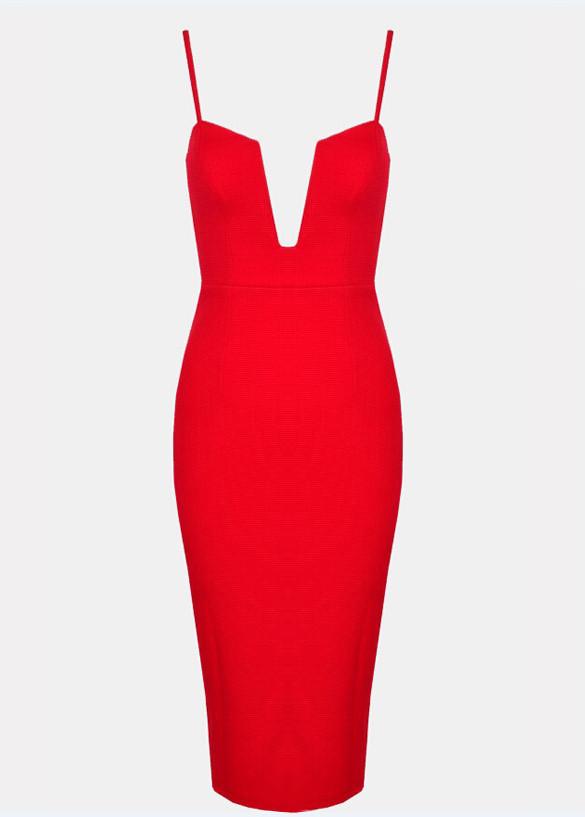Spaghetti Strap Deep V-neck Bodycon Knee-length Red Dress – May Your ...