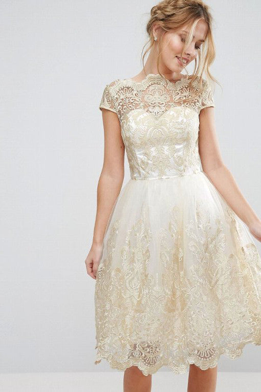 Short Sleeves Retro Embroidery Knee-length Lace Party Dress – May Your ...