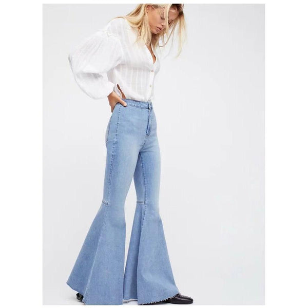 High Waist Pure Color Slim Zipper Big Bell-bottomed Long Jeans Denim P ...