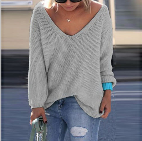 V-neck Loose Knit Pure Color Pullover Sweater – May Your Fashion