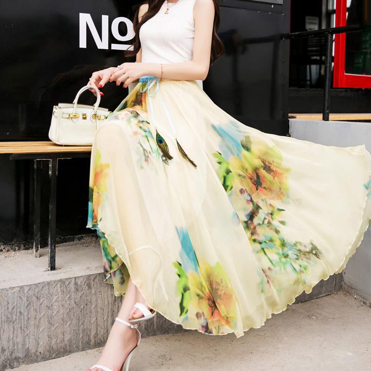 Bohemian Flower Print Chiffon Long Pleated Beach Skirt – May Your Fashion