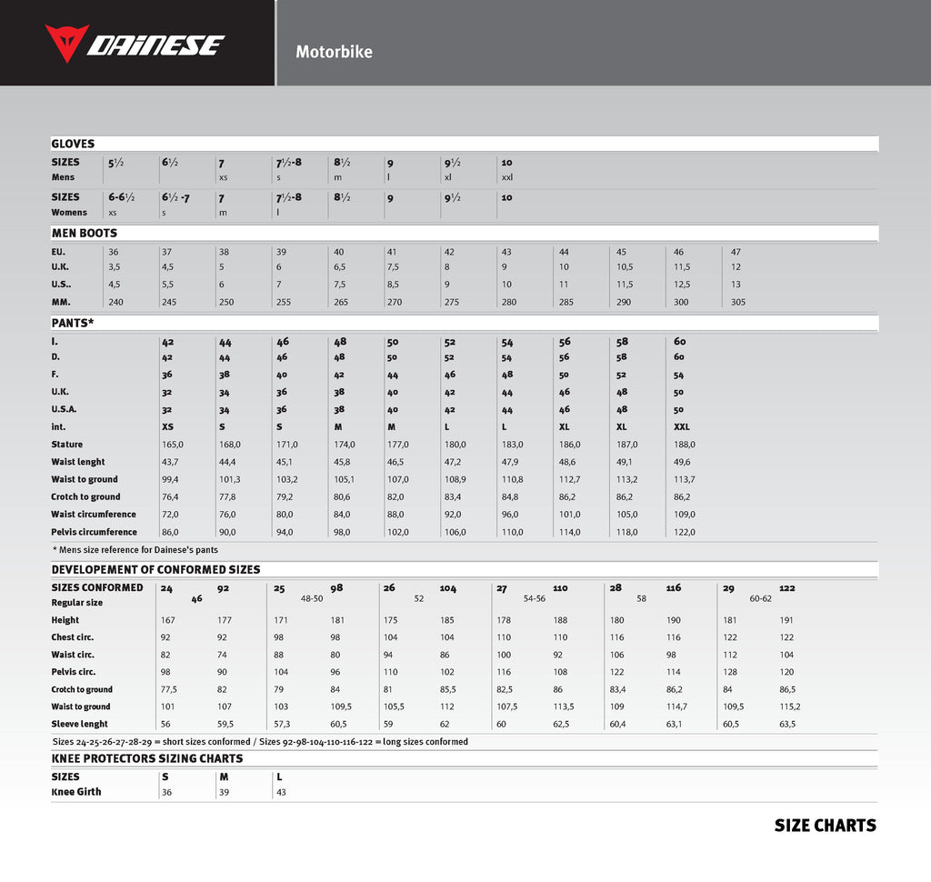 Dainese Suit Size Chart