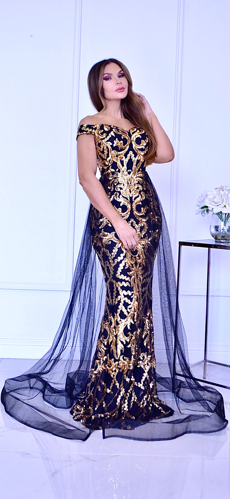 Night Queen Black And Gold Sequin Formal With Skirt