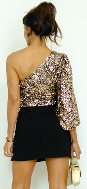 She's A Star Gold Sequin One Shoulder Crop Top