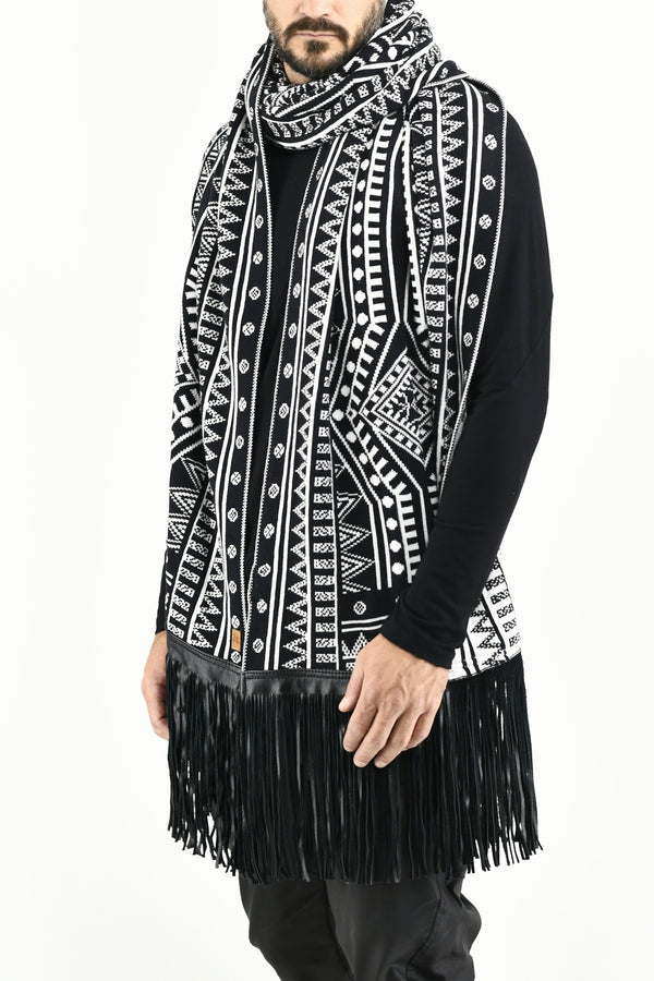 Black and white knit keys scarf with leather fringing ZG5630