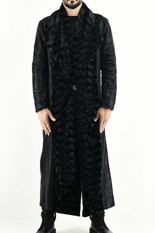 Mens Black Faux Fur and Embossed PU Suede Coat ZG5533