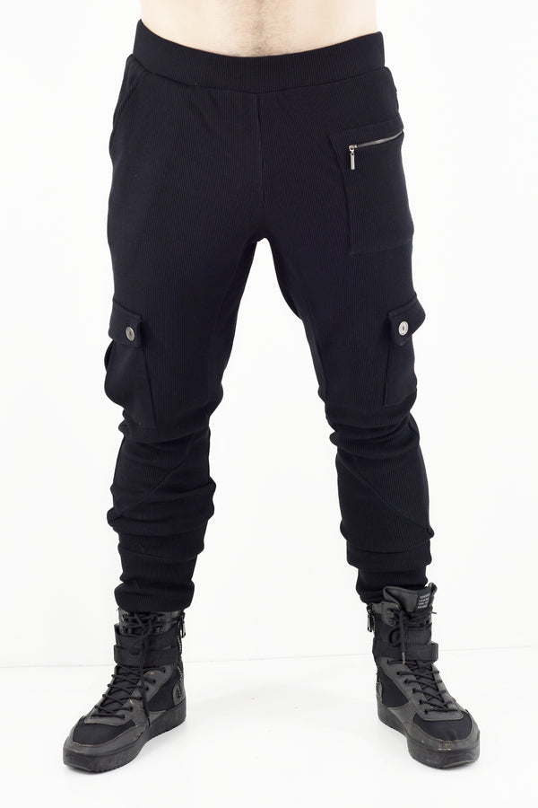 Menswear Black Waffle Cargo Pull on Pants ZG5522