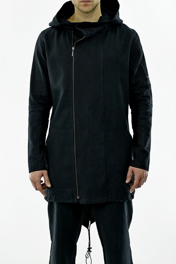 Mens Black Asymmetric Linen Parka ZG5221f