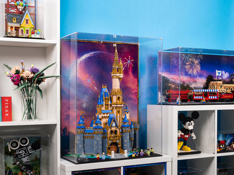 Wall display with multiple LEGO Disney builds & displays