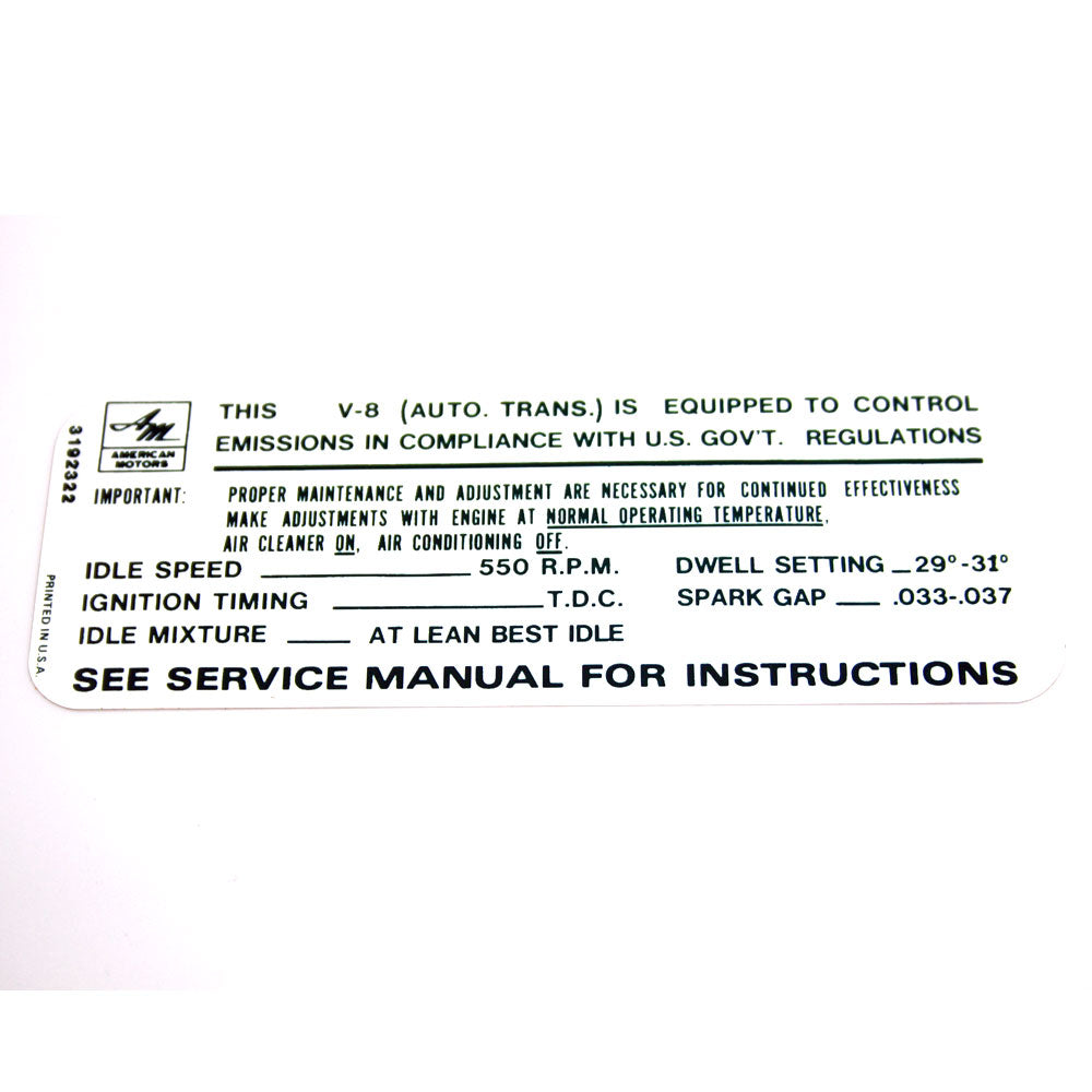Emission Decal V 8 Automatic 1968 69 Amc American Performance Products Inc