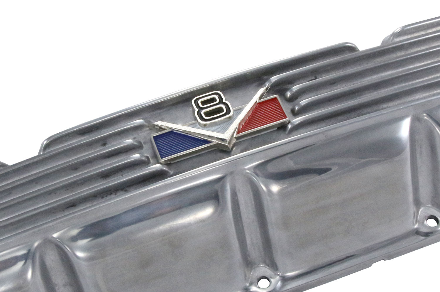 Valve Cover Kit, Red/White/Blue V8 Logo, Finned Polished