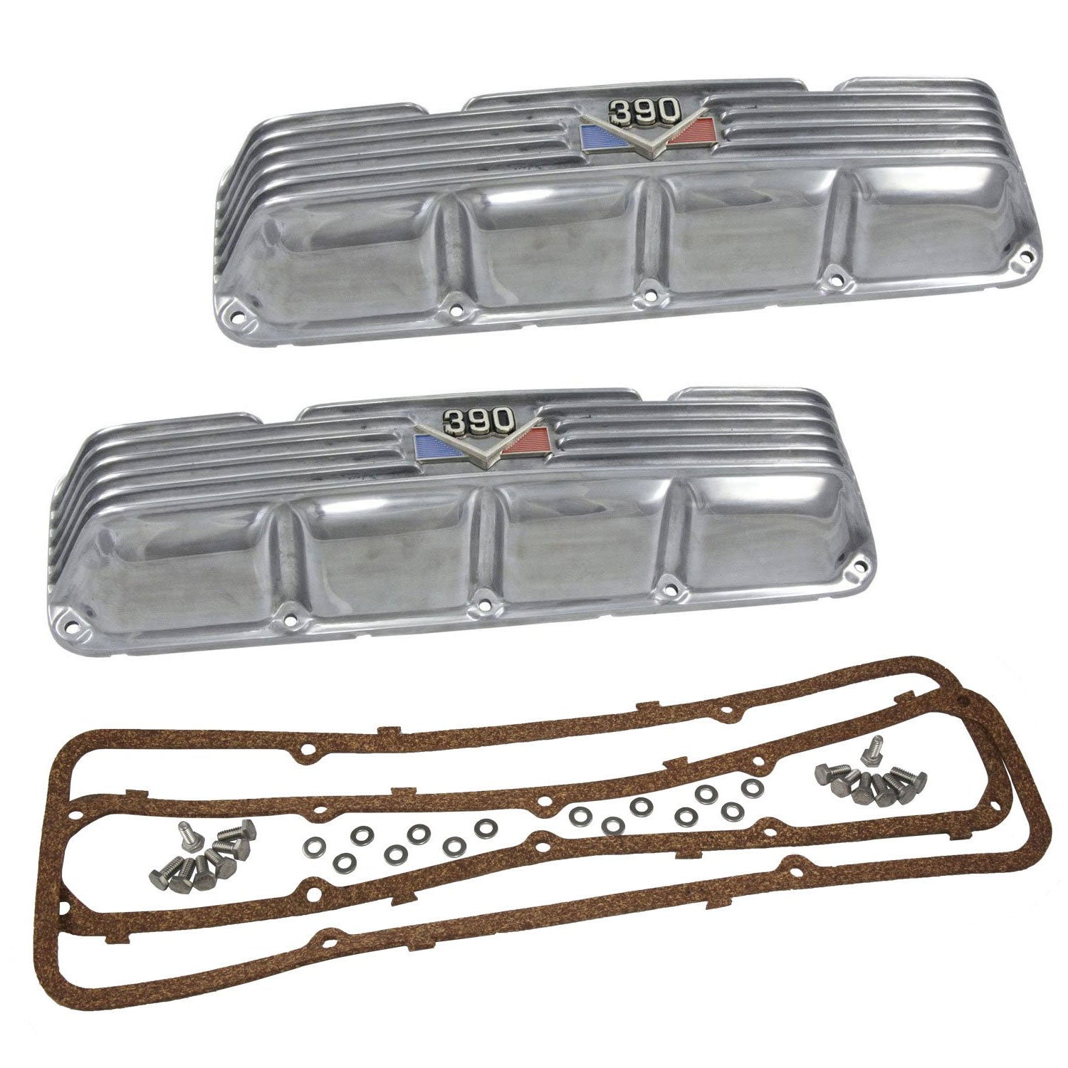 Valve Cover Kit, 390 Logo, Finned Polished Aluminum, 196870 AMC, Jeep