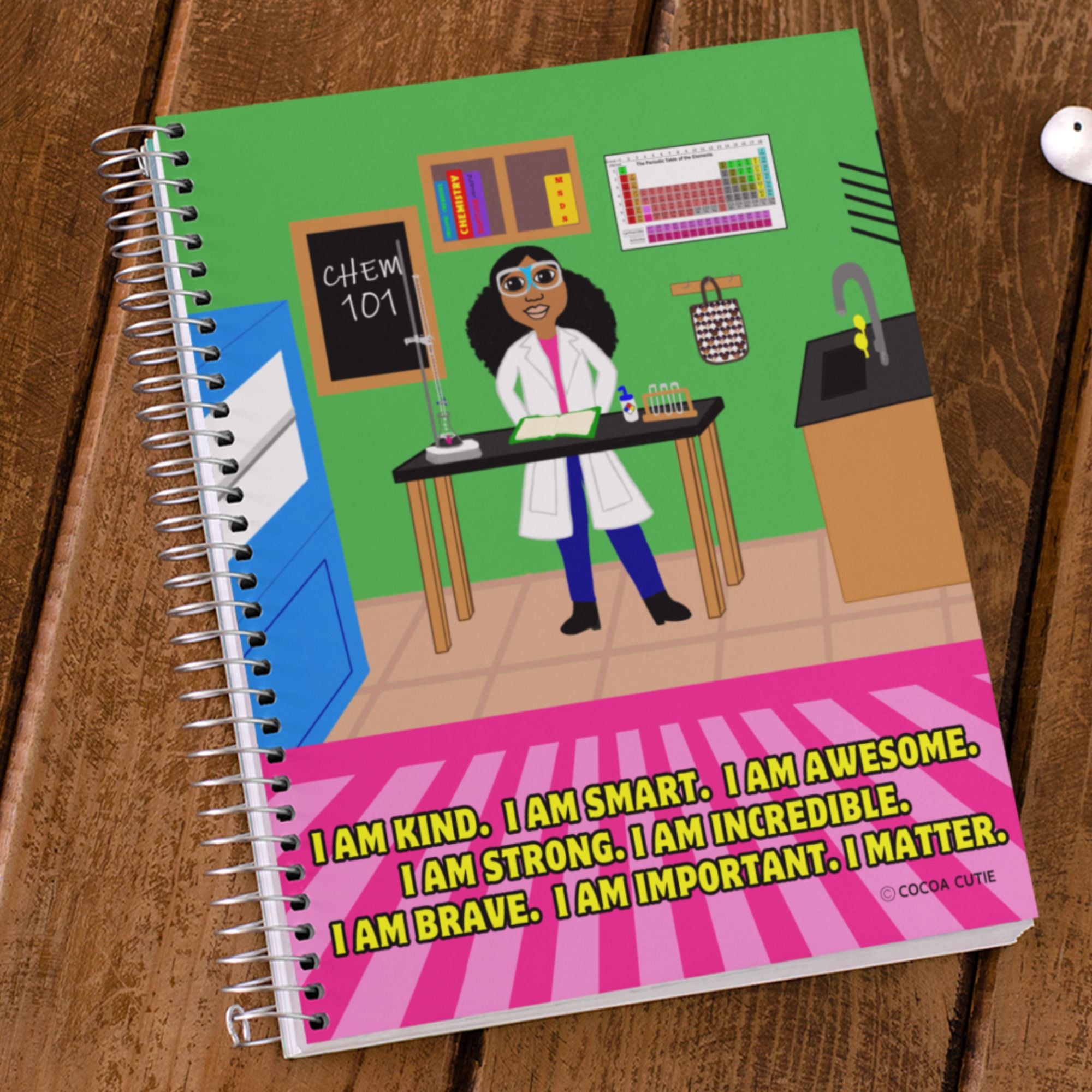 Cocoa Cutie Chemist Affirmations School Notebook - Girl (Pick Skin Tone)