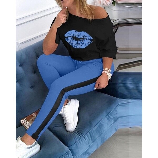 2023 Women's Printed sexy Kissy Lips Long Sleeve+joggers set