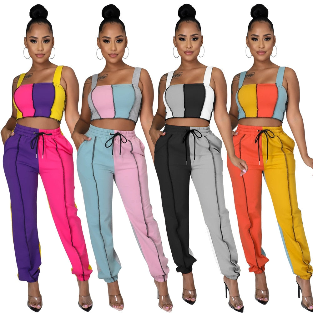 Women Spring Two Piece Set Casual Stripe Color Patchwork Strapless Tank Tops Legging Sweatpants Suit Outfit Activewear Tracking