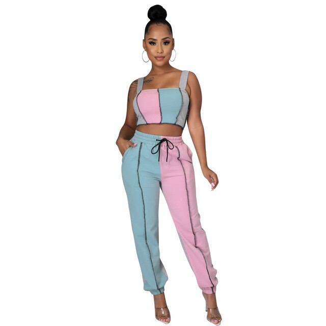 Women Spring Two Piece Set Casual Stripe Color Patchwork Strapless Tank Tops Legging Sweatpants Suit Outfit Activewear Tracking