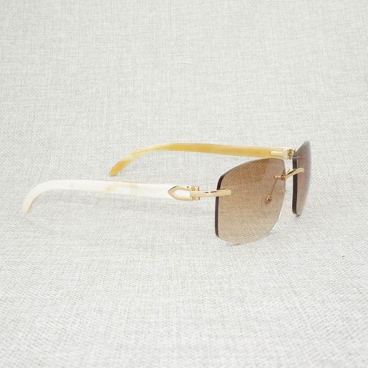 Unisex Retro Wood Oversize Sunglasses Natural Black White Buffalo Horn Rimless Frame