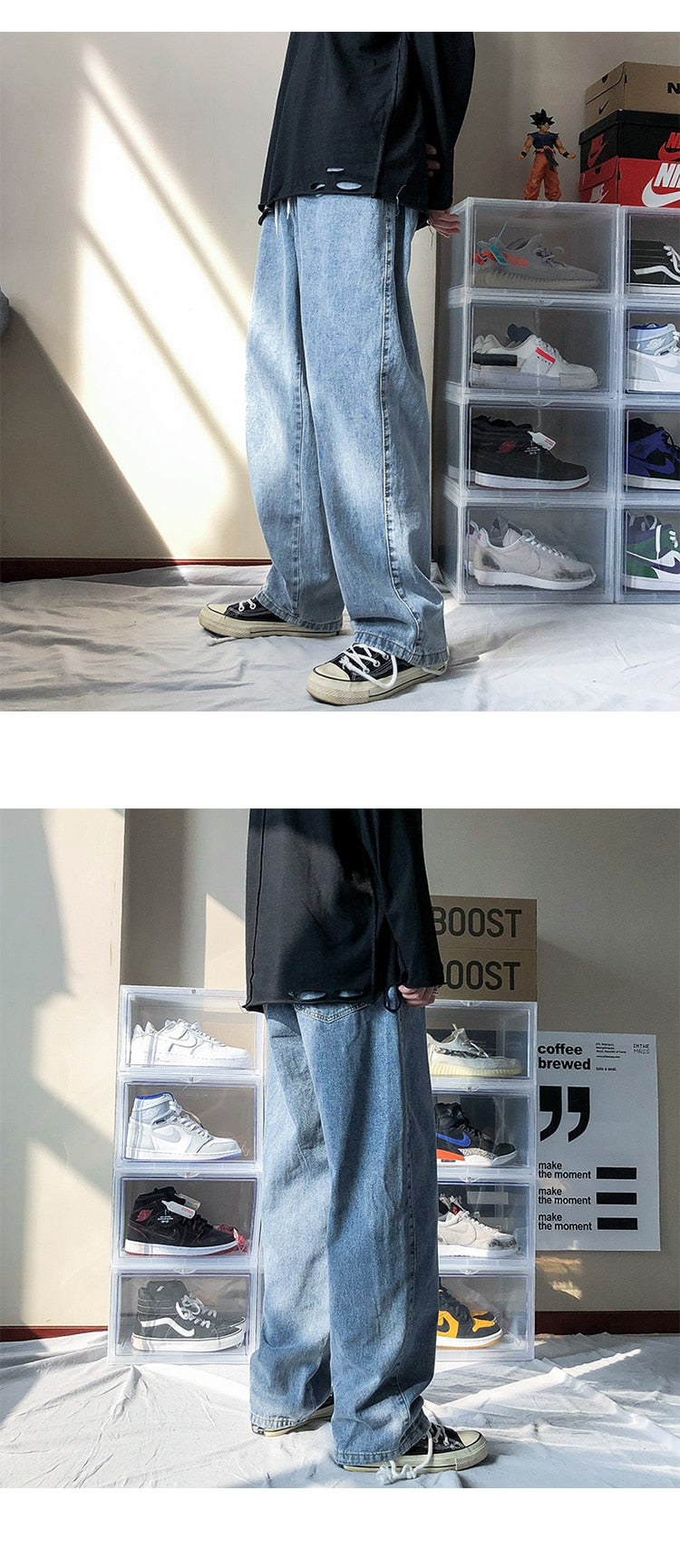 Men's New Loose Black/blue Straight Pants Solid Color Casual Pants Baggy Homme Cargo Pocket Jeans Biker Denim Trousers